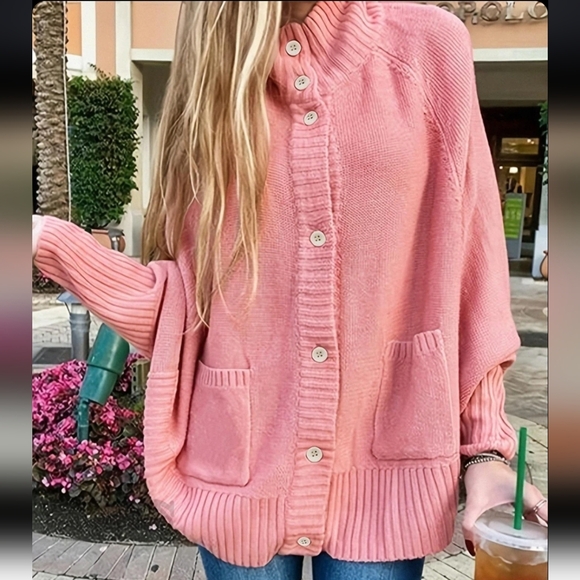 Sweaters - Women's Pink Knitted Batwing Sleeve Turtleneck Cardigan Sweater NWOT